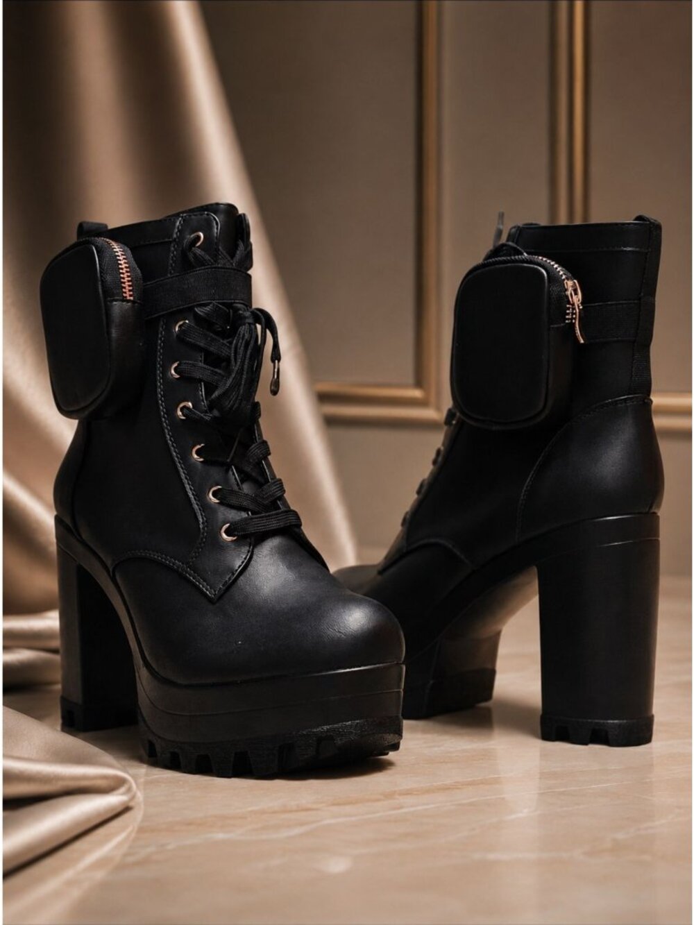 Chunky Black High-Heel Ankle Boots With Lace-Up Design with Side Pouch Rugged Pl